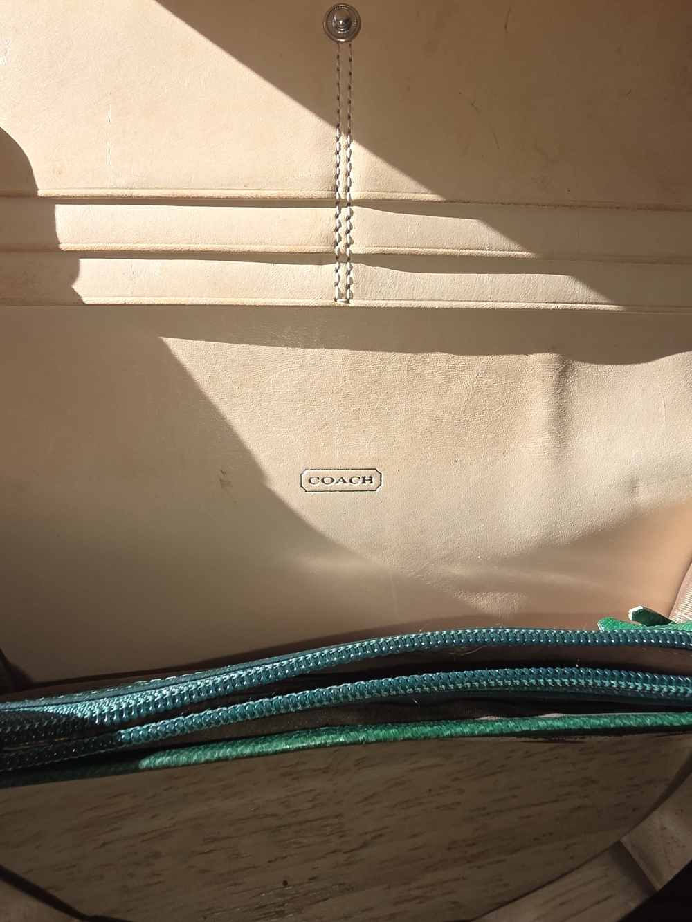 Coach Signature Canvas Bifold Long Wallet in Khaki with Teal & Green Suede - Picture 3 of 11